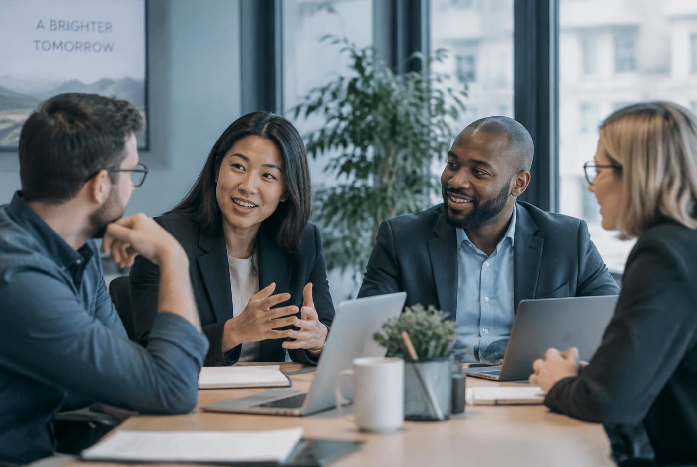 A leadership team in conversation around a table